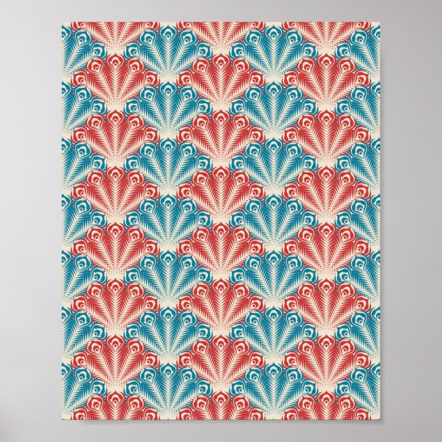 Poster Padrão de Cauda de Pavão Vermelho e Azul (Frente)