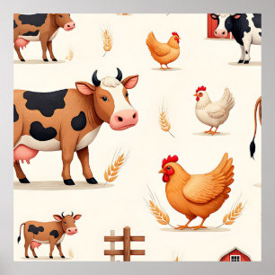 Poster Padrão de celeiro de animais de fazenda fofos
