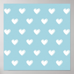 Poster Padrão de Coração Simples Branco Azul