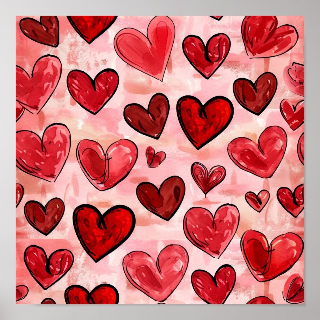 Poster Padrão de Coração Vermelho com Coração Coração com (Frente)