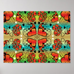 Poster Padrão de Corações Românticos Vermelhos e Verd