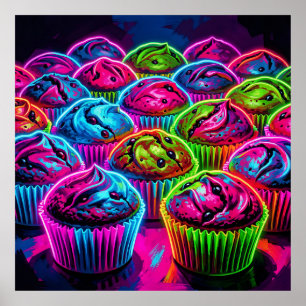 Poster Padrão de Cupcakes com Brilho Neon