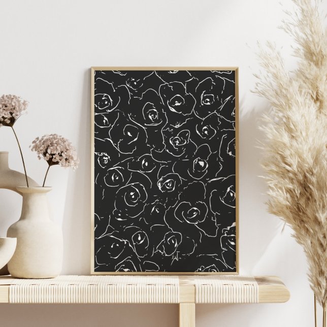 Poster Padrão de Desenho de Linha Botânica Elegante Preto (Criador carregado)