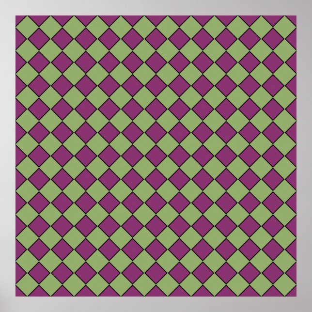 Poster Padrão de Diamante Xadrez Verde Roxo (Frente)