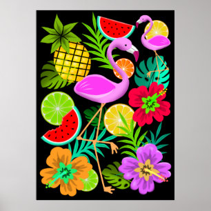 Poster Padrão de Diversão de Flamingo e Frutas de Verã