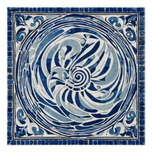 Pôster Padrão de espiral branco azul 02