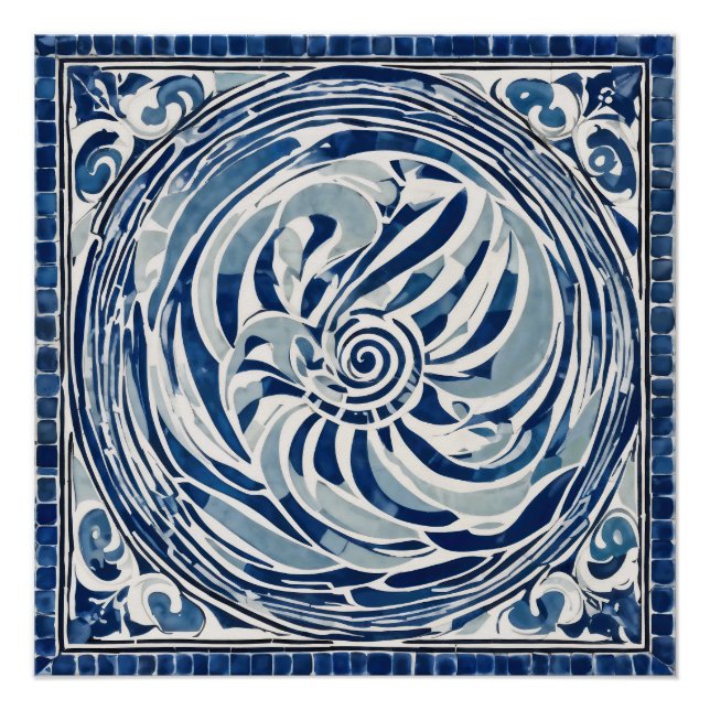 Pôster Padrão de espiral branco azul 02 (Frente)
