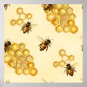 Poster Padrão de favo de mel com abelhas em aquarela