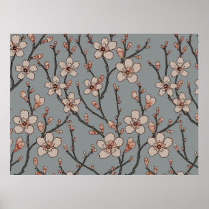 Poster Padrão de Flor de Cinza e Rosa Vintage