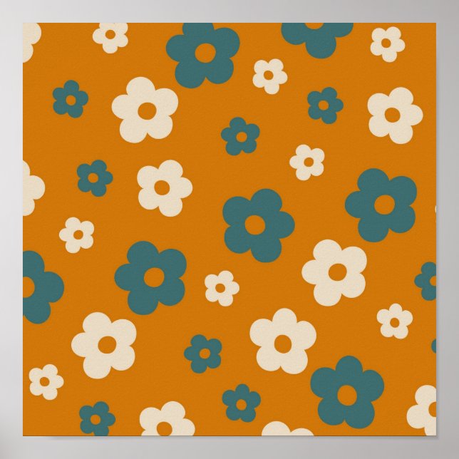 Poster Padrão de Flor de Hippie Azul Preppy Brown (Frente)
