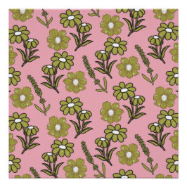Pôster Padrão de Flor de Hippie Funky Y2K Retro Rosa Verd
