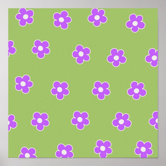 Poster Padrão de Flor Retro Y2K Verde Roxo (Frente)