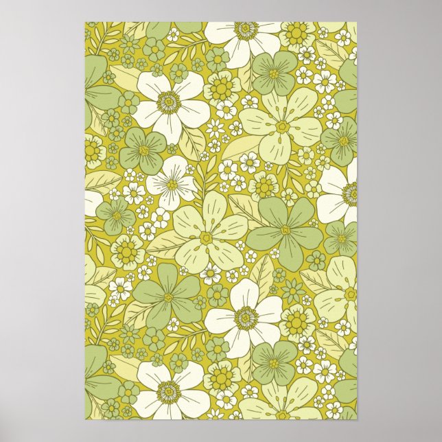 Poster Padrão de Flor Verde e Amarelo do Pastel (Frente)