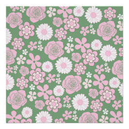 Pôster Padrão de Flor Y2K 70s - Cor-de-rosa Verde
