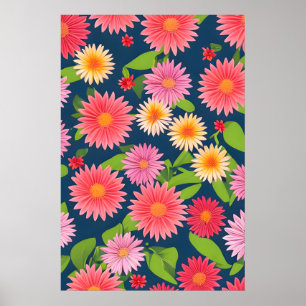 Poster padrão de flores cor-de-rosa, estilo retrô