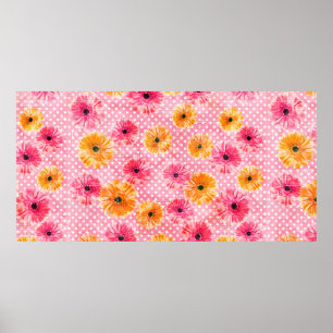 Poster Padrão de flores de cor d'água rosa e gerbera am