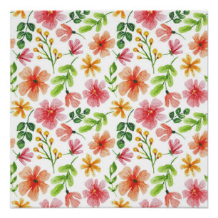 Pôster Padrão de Flores Rosa em Aquarela