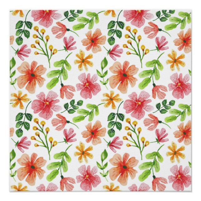 Pôster Padrão de Flores Rosa em Aquarela (Frente)