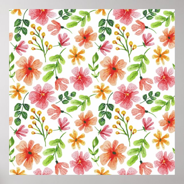 Poster Padrão de Flores Rosa em Aquarela (Frente)