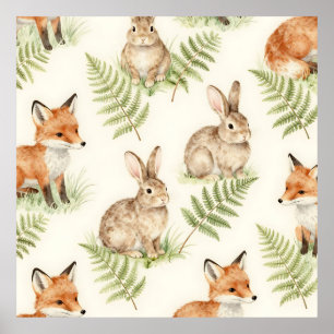 Poster Padrão de Floresta de Raposa e Coelho em Aquarela