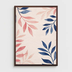 Poster Padrão de folhas azuis e cor-de-rosa no rosa do Pa