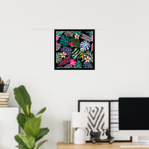 Padrão de Folhas e Flores Tropicais Vibrantes