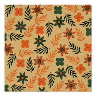Pôster Padrão de Folhas Florais de Flores da Vintage 70s