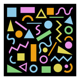 Pôster Padrão de Forma Estilo Anos 80 Colorido em Preto
