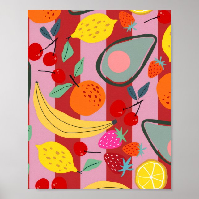Poster Padrão de frutas com listras vermelhas e rosas  (Frente)