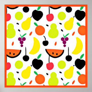 Poster Padrão de Frutas Neon Brilho Tropical