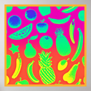Poster Padrão de Frutas Neon Vibrante