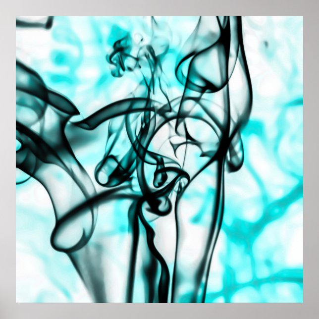 Pôster Padrão de fumaça de Abstrato de Teal Negro e Aqua (Frente)