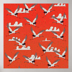 Poster Padrão de Grou Asiático Vermelho