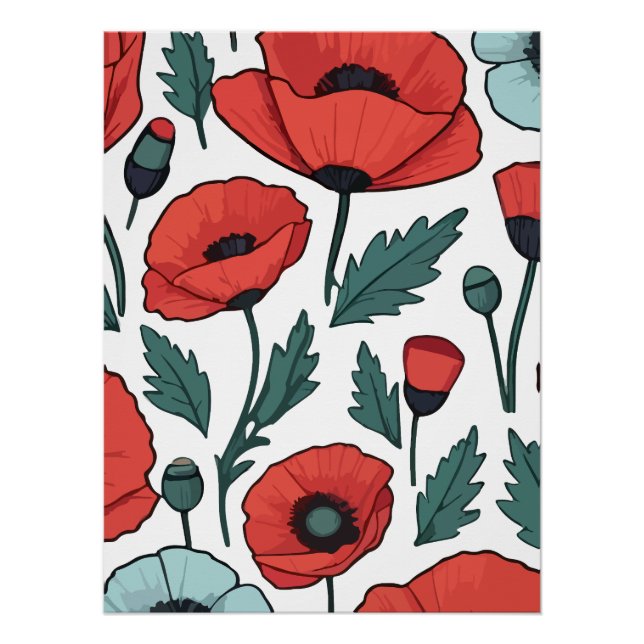 Pôster Padrão de Ilustração das Flores de Papoila Vibrant (Frente)