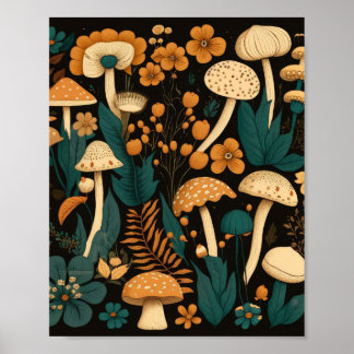 Poster Padrão de Ilustração de Mushroom Fern e Flor