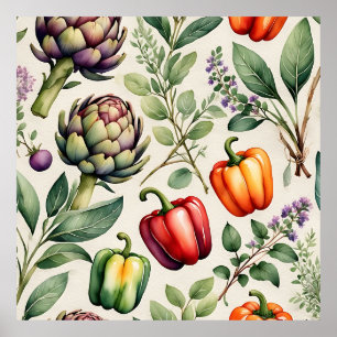 Poster Padrão de Jardim de Legumes em Aquarela