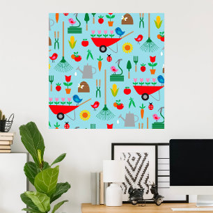 Poster Padrão de Jardim Flores da Primavera e Ferramentas