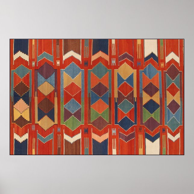 Poster Padrão de Kilim Contemporâneo Azul Laranja Verde (Frente)