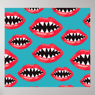 Poster Padrão de Lábios Vermelhos para Dentes de Tubarão