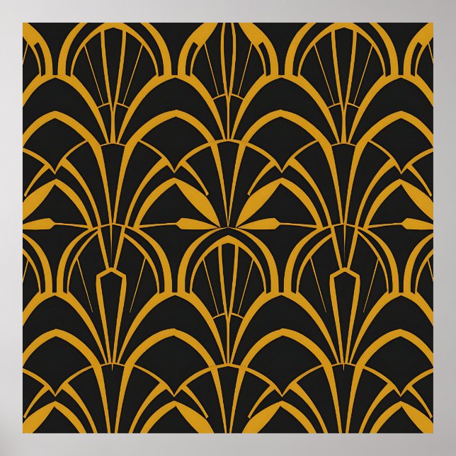 Poster Padrão de Leque Art Déco Clássico Preto Dourado Ru (Frente)
