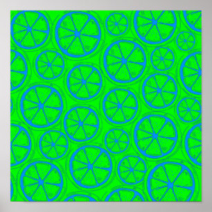 Poster Padrão de Limão Limão Azul com Fundo Verde Neon