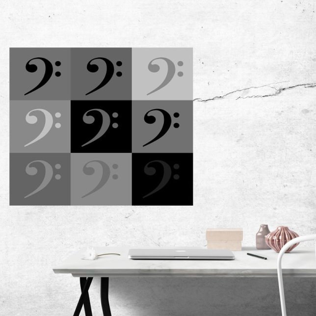Poster Padrão de limpeza de latão Cinza preta (A poster of a bass clef pattern in various shades of gray and black.)