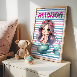 Poster Padrão de listras de sereia rosa personalizado