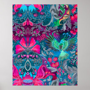 Pôster Padrão de luxo floral azul-de-pássaro-lux