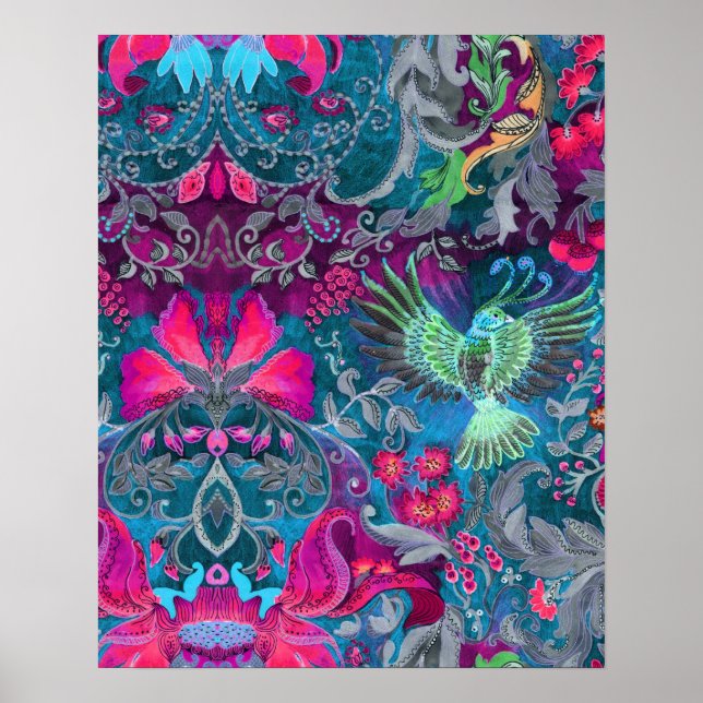 Pôster Padrão de luxo floral azul-de-pássaro-lux (Frente)