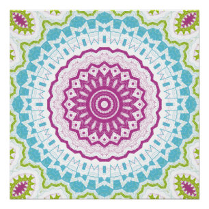 Pôster Padrão de Mandala Azul Magenta e Verde