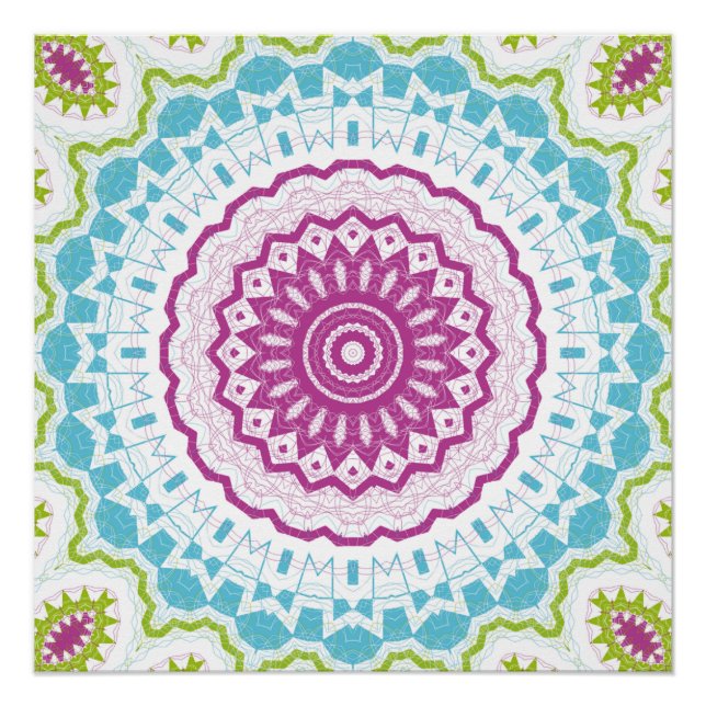 Pôster Padrão de Mandala Azul Magenta e Verde (Frente)