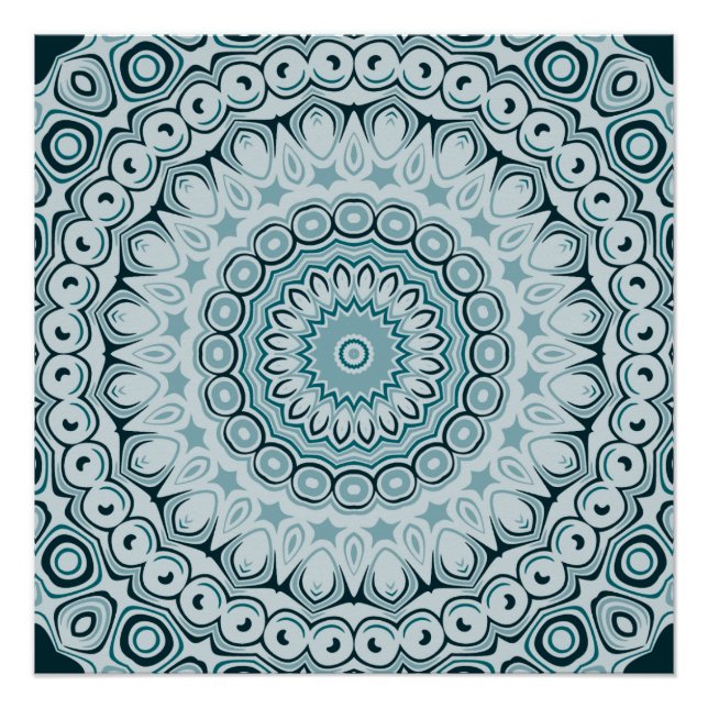 Pôster Padrão de Mandala Azul Tempestuoso e Cinza (Frente)