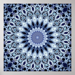 Poster Padrão de Mandala de Caleidoscópio Azul e Branco