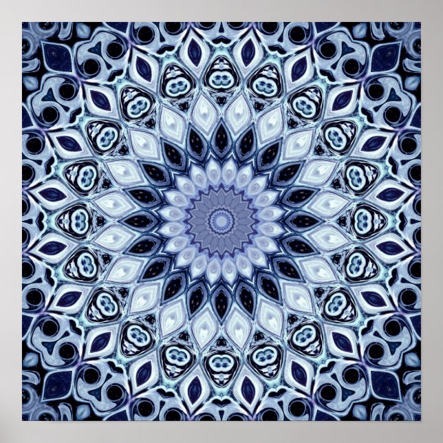 Poster Padrão de Mandala de Caleidoscópio Azul e Branco (Frente)